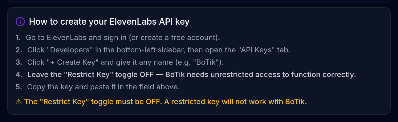 The API Keys card on the BoTik profile page with a masked key and a save button
