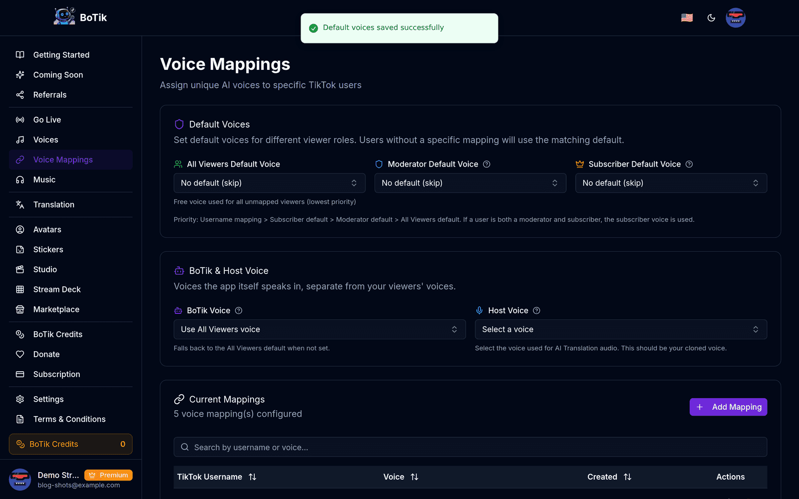 The Voice Mappings page listing TikTok usernames with an assigned voice each