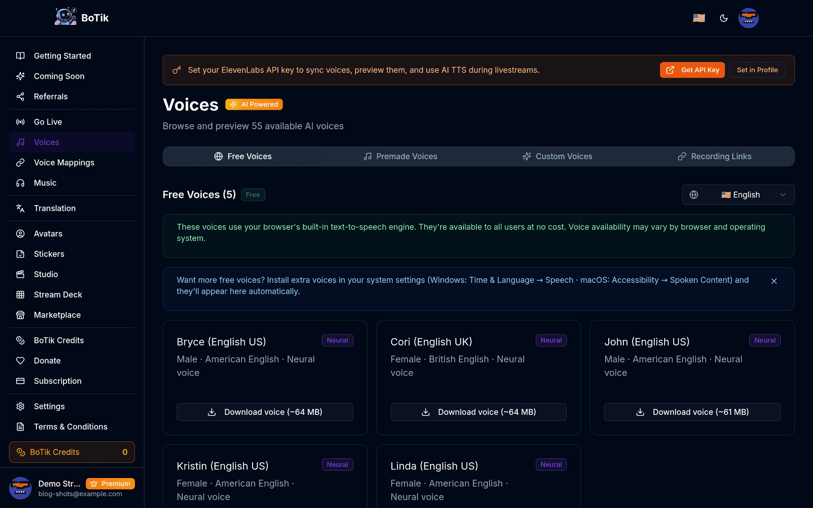 The BoTik Voices page with Free, Premade, Custom and Recording Links tabs