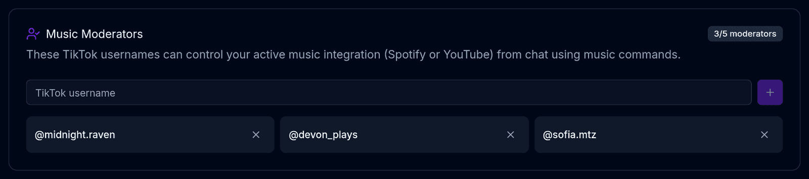 The Music Moderators card listing TikTok usernames with a counter showing the five-slot limit