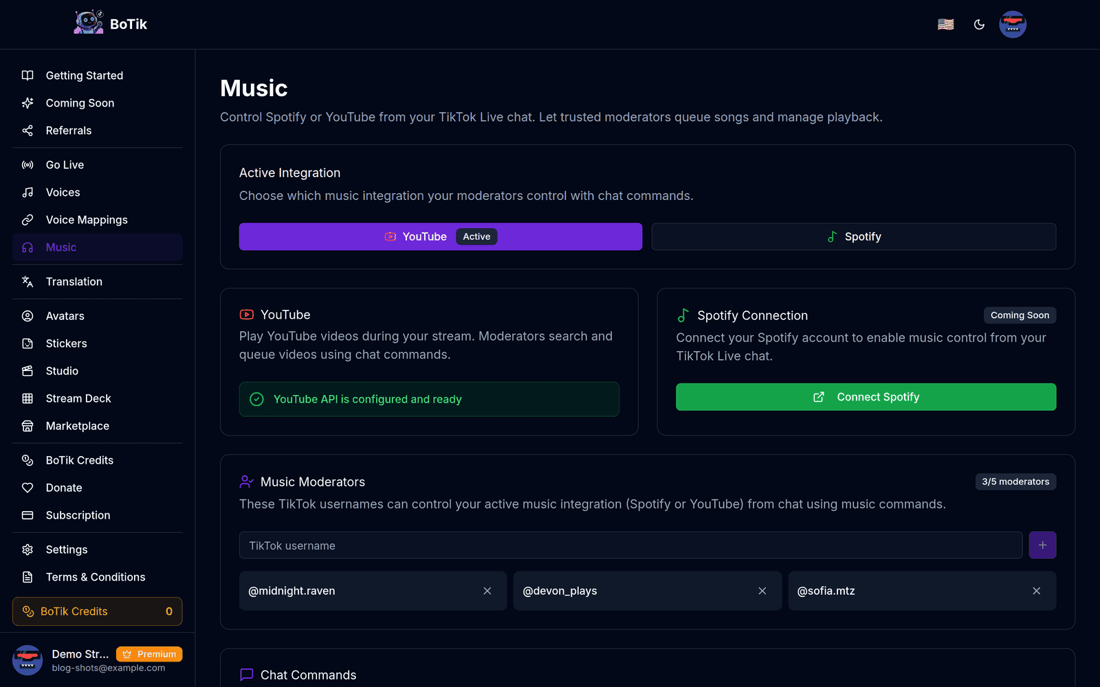 The Music page with the Active Integration toggle, YouTube status and Spotify connection cards