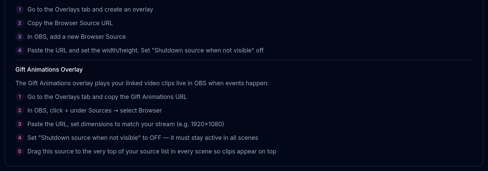 The Browser Source card in BoTik’s OBS Setup tab with numbered setup steps