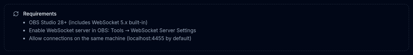 The OBS WebSocket card in BoTik with host, port and password fields and a Connect button