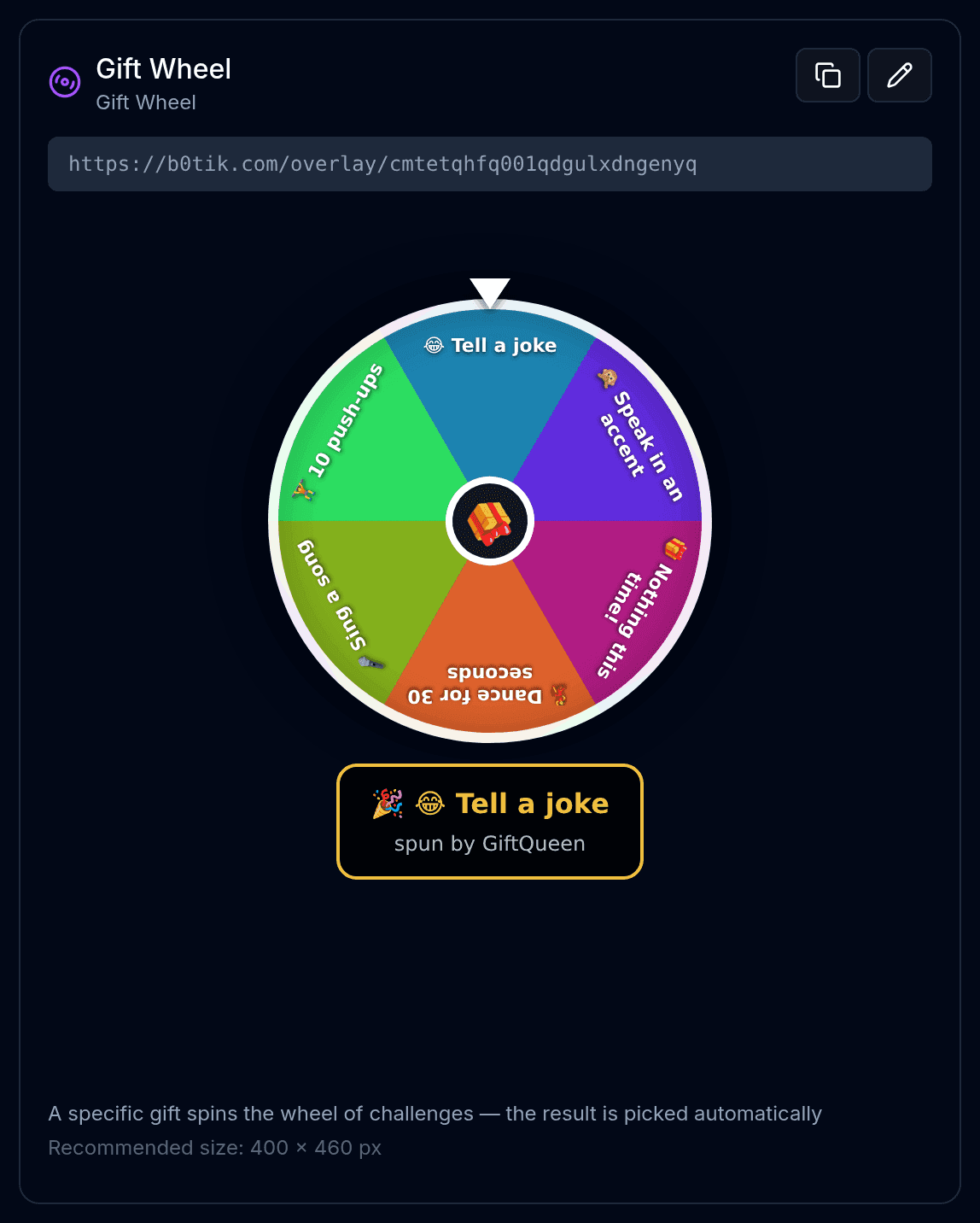 A single overlay card showing its URL, copy button and edit button