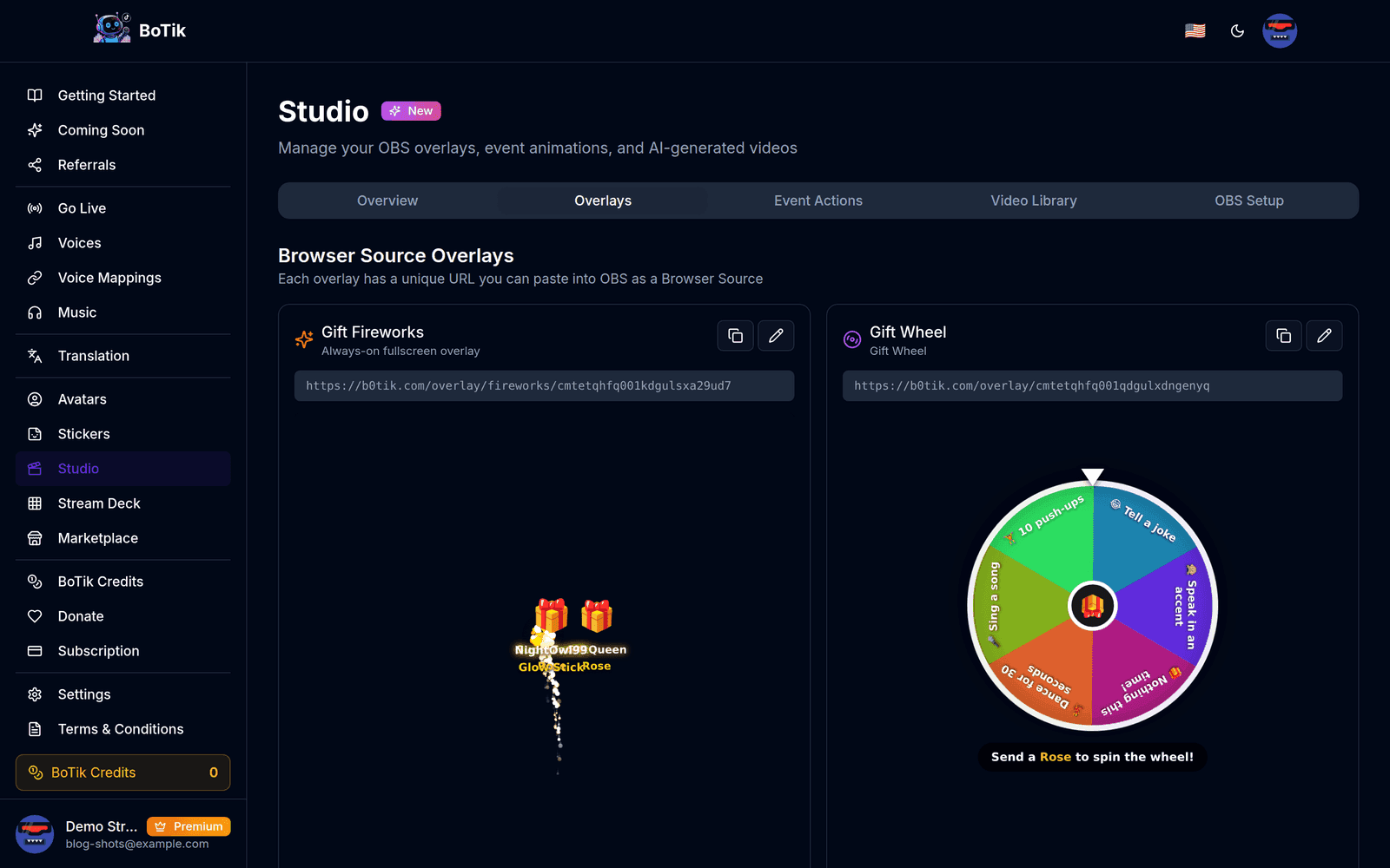 BoTik Studio with the Overlays tab selected, showing the Gift Fireworks and Gift Wheel cards