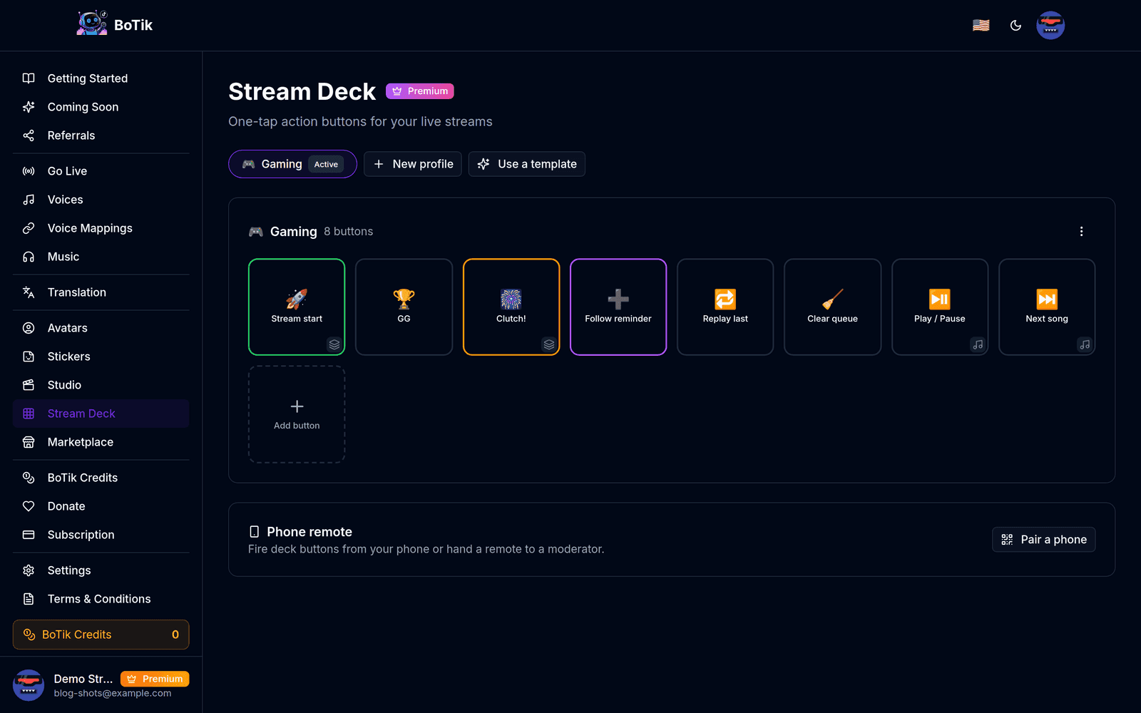 La page Stream Deck avec la colonne de profils à gauche et une grille de boutons