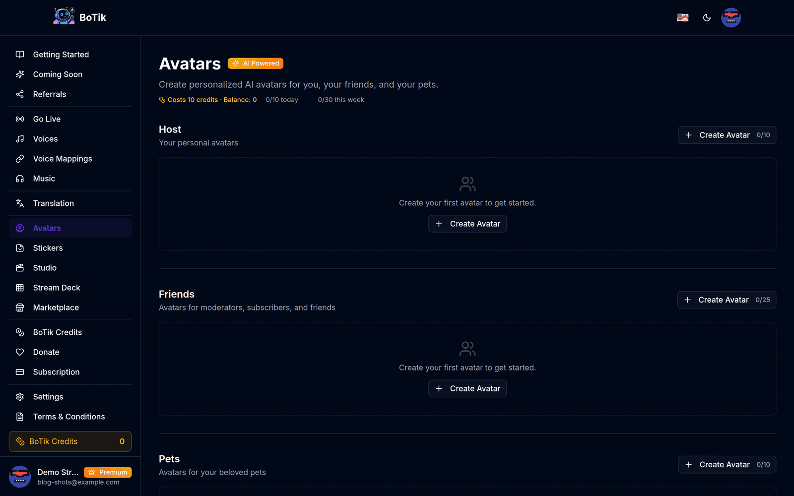 The Avatars page showing the Host, Friends and Pets sections with quota indicators