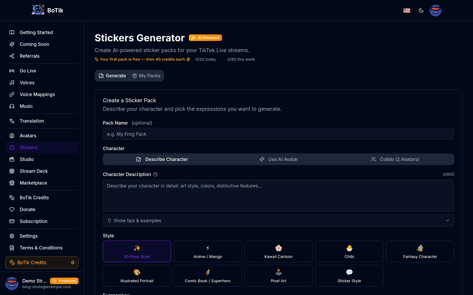 The BoTik Stickers page with the Generate tab, character mode options and expression pickers