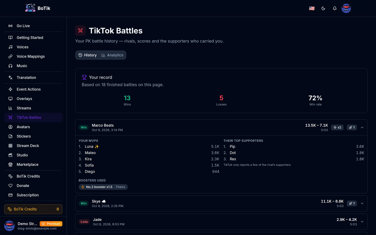 La pagina Battle di TikTok: un bilancio di 13 vittorie e 5 sconfitte e un elenco di battle, una aperta con i sostenitori di entrambi i lati e i booster usati