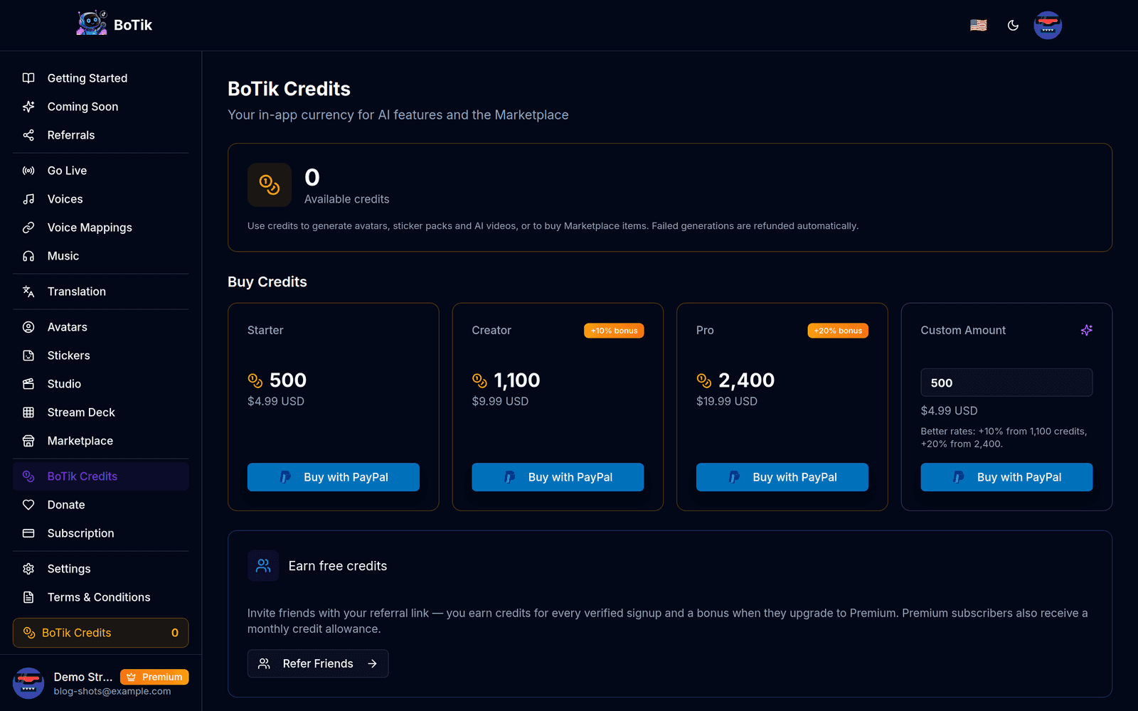 The BoTik Credits page showing the wallet balance, purchase packs and transaction history