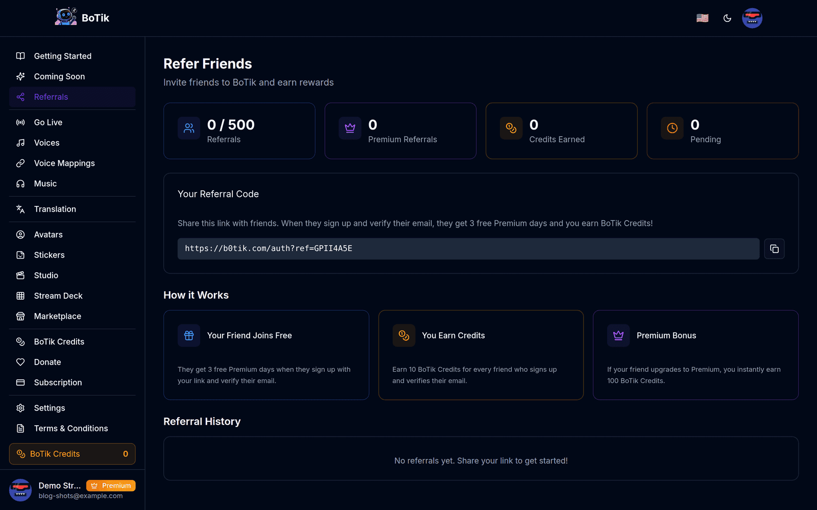 The Referrals page with stats tiles for referrals, pending, premium referrals and credits earned