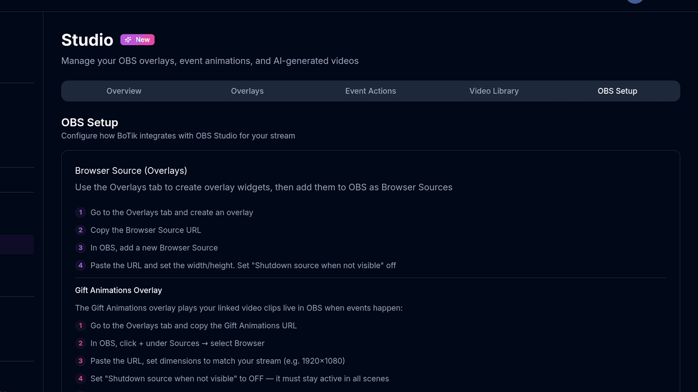 Der Tab OBS-Einrichtung in BoTik Studio mit der Anleitung für Browserquellen und den WebSocket-Feldern