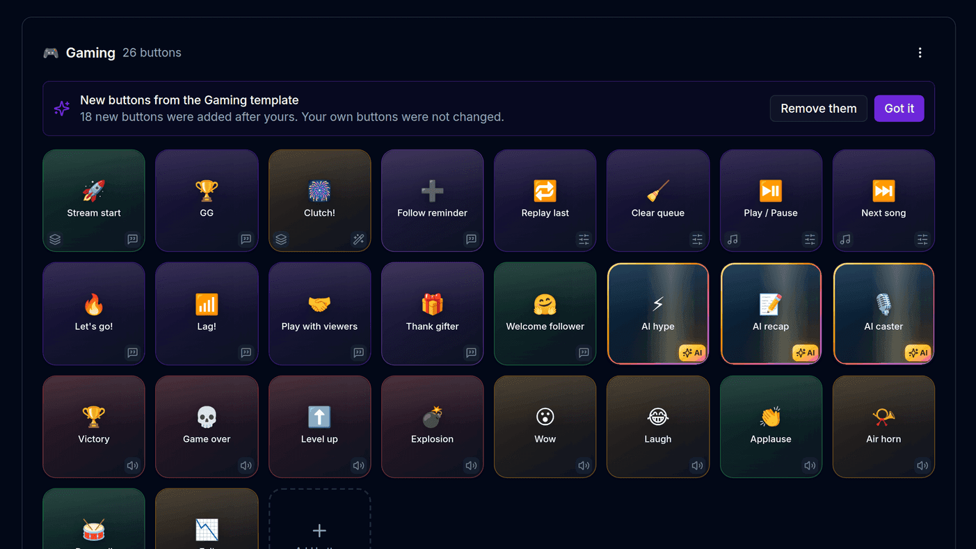 A Stream Deck profile made from the Gaming template: a grid of sound, spoken-line and AI keys