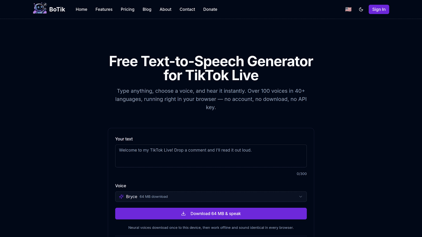Der kostenlose Sprachgenerator von BoTik mit Textfeld und Stimmenauswahl